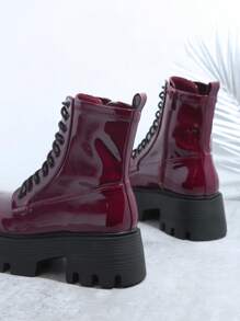 人造亮面PU皮革繫帶溝紋鞋底馬丁靴