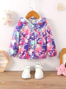 女嬰1入組小熊印花拉鏈開襟連帽夾克 - 紫色 - 查看 3