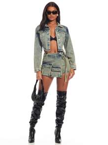 SHEIN BAE Flap Pocket Curved Hem Crop Denim Jacket - Blue - View 3