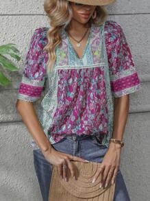 SHEIN LUNE Paisley Print Puff Sleeve Blouse - Hot Pink - View 6