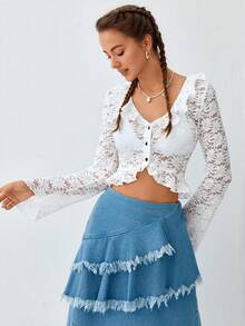 Soleia Ruffle Trim Button Front Crop Lace Blouse Without Bra - White - View 3