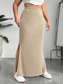 SHEIN EZwear Hơn Tách đùi Đồ đan Ribbed Váy - Màu be - Xem 4