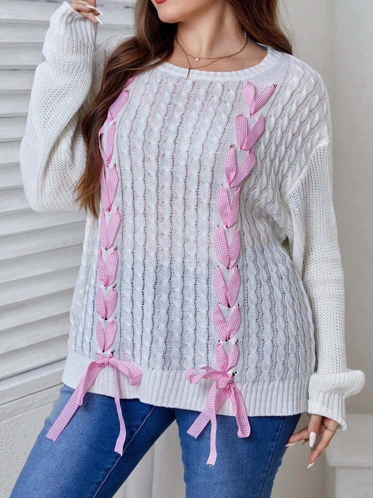 Plus Lace Up Front Drop Shoulder Sweater Knit Pullover Fall Winter Sweater