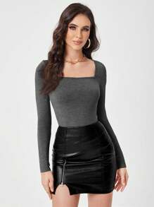 SHEIN EZwear 方領修身T恤 - 深灰色 - 查看 1