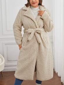 SHEIN LUNE Hơn Cổ áo Túi Kép Mở Mặt trước Áo khoác Teddy - Màu be - Xem 6