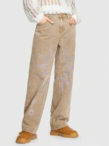 ROMWE MEN Grunge Punk 男士圖形印花直筒牛仔褲 - 棕色 - 查看 4