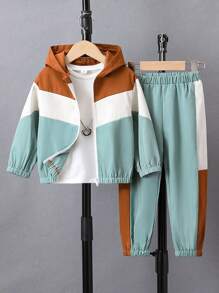 SHEIN 男小童撞色拉鏈開襟連帽夾克&拼接側邊接縫長褲 - 彩色 - 查看 1