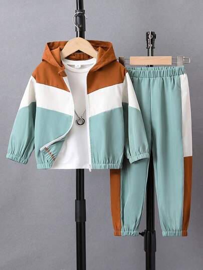 SHEIN 男小童撞色拉鏈開襟連帽夾克&拼接側邊接縫長褲