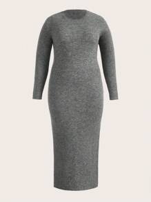 SHEIN BASICS Plus Solid Ribbed Knit Sweater Dress - Grey - View 8