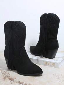 仿麂皮流蘇細節粗跟靴 - 黑色 - 查看 2