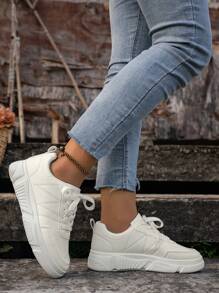 休閒平底滑冰鞋防滑女式時尚透氣白色厚底運動鞋 - 白色 - 查看 3