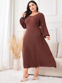 Mulvari Plus Lantern Sleeve Sweater Dress Fall Cloth For Women - Chocolate Brown - View 4