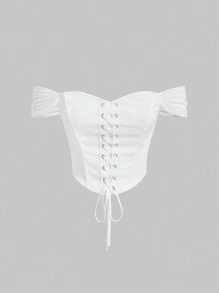 SHEIN MOD Áo crop top trễ vai có dây buộc phía trước - trắng - Xem 1