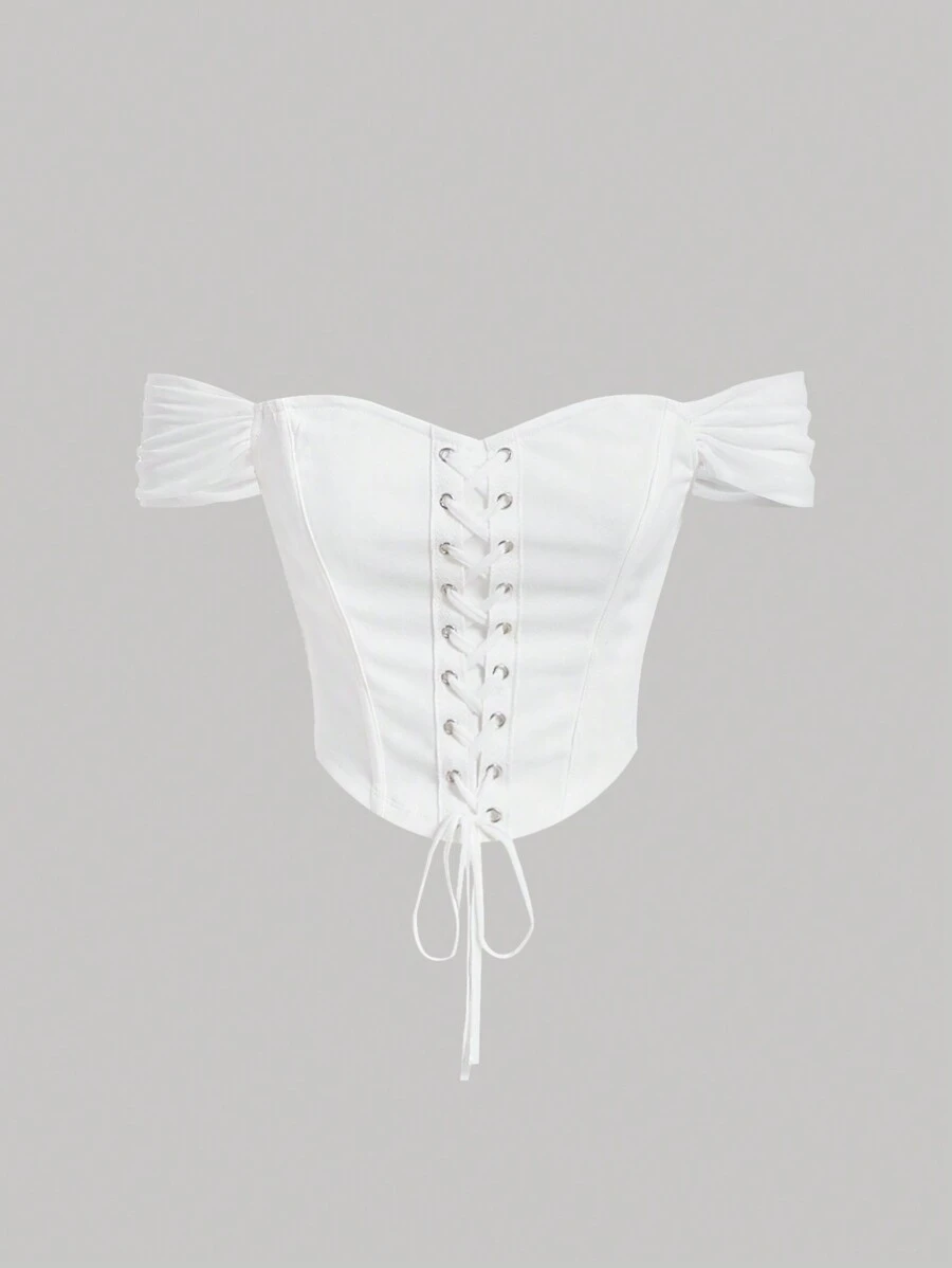 SHEIN MOD Áo crop top trễ vai có dây buộc phía trước - trắng - Xem 1