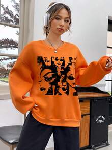 SHEIN EZwear 人像圖案落肩袖運動衫 - 橘色 - 查看 4