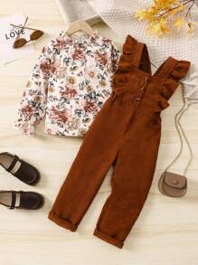 SHEIN 女小童印花荷葉袖上衣和荷葉邊背帶連身褲 - 棕色 - 查看 6