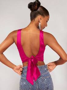 SHEIN BAE 淨色褶飾短款緞面襯衫 - 玫紅色 - 查看 2