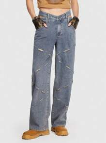 ROMWE MEN Grunge Punk Men Brushed Hollow Out Waist Straight Leg Jeans - Blue - View 1