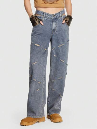 Grunge Punk Herren Gebürstete Jeans Mit Ausgehöhltem Taillen- Und Geradem Bein