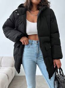 SHEIN Cottnline Flap Pocket Zip Up Puffer Coat - Black - View 3