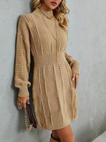 SHEIN Clasi Mock Neck Drop Shoulder Sweater Dress Fall Cloth For Women - Khaki - View 6