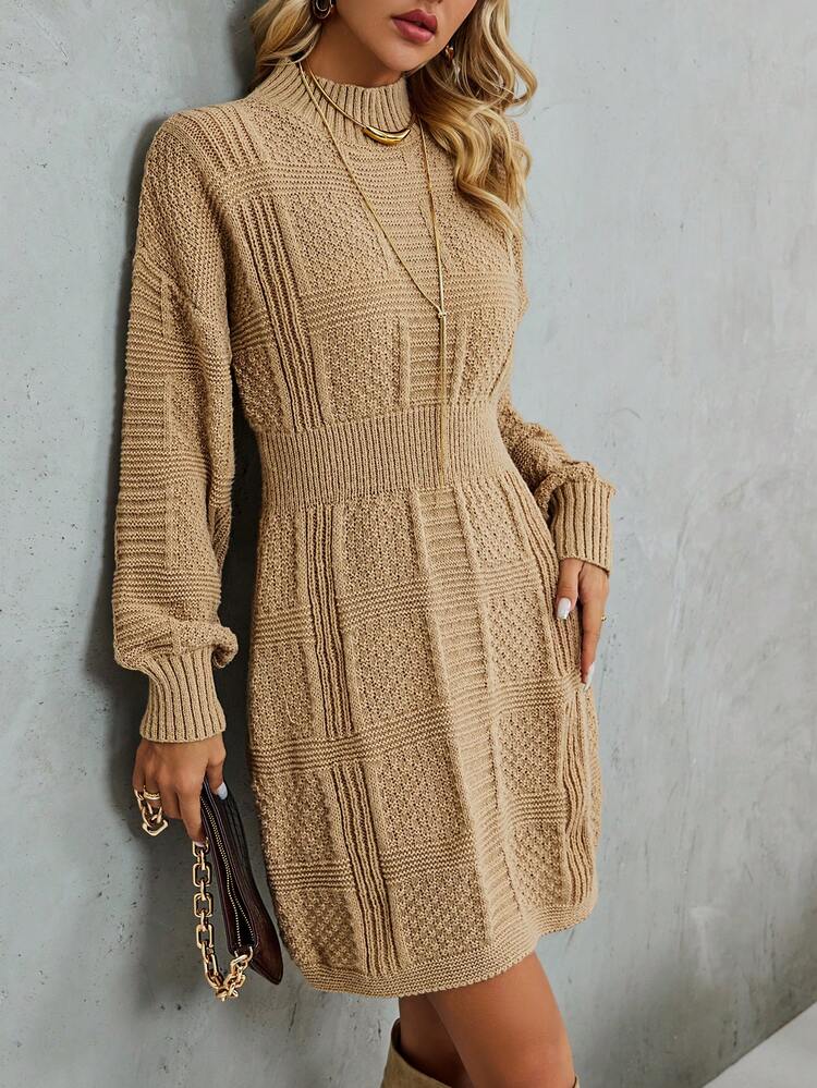 Mock Neck Drop Shoulder Sweater Dress Fall Cloth For Women