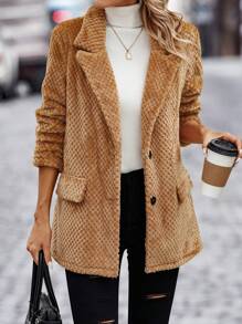 SHEIN Clasi Lapel Neck Flap Detail Flannel Coat - Brown - View 1