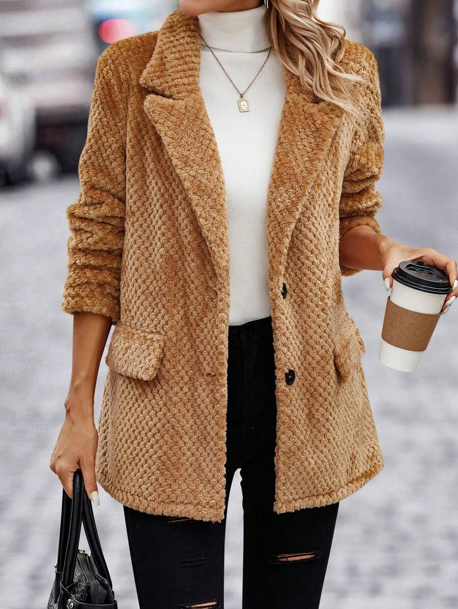 SHEIN Clasi Lapel Neck Flap Detail Flannel Coat - Brown - View 1