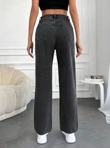 SHEIN Cottnline Ripped Straight Leg Jeans - Black - View 2