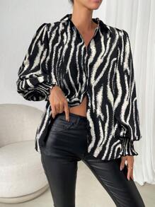 Rafferiza Geo Print Lantern Sleeve Shirt,Long Sleeve Tops - Black and White - View 4
