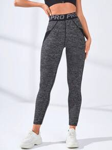 SHEIN Sports 字母圖案寬腰帶網紗拼接拼接手機口袋頂針運動打底褲帶手機袋 - 深灰色 - 查看 3