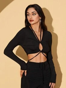 SHEIN PETITE Drawstring Tie Back Crop Tee - Black - View 3