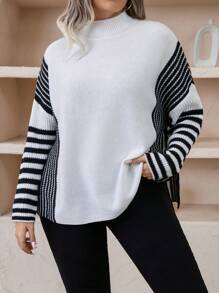 SHEIN LUNE 加條紋圖案小高領落肩毛衣 - 黑與白 - 查看 1