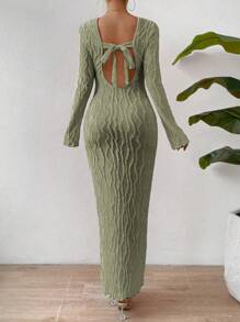 Rafferiza Solid Flare Sleeve Lettuce Hem Bodycon Dress Maxi Women Outfit Fall Cloth For Women - Green - View 2