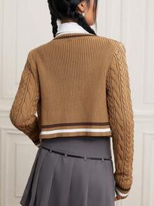 SHEIN EZwear Striped Trim Cable Knit Cardigan Without Blouse - Brown - View 2