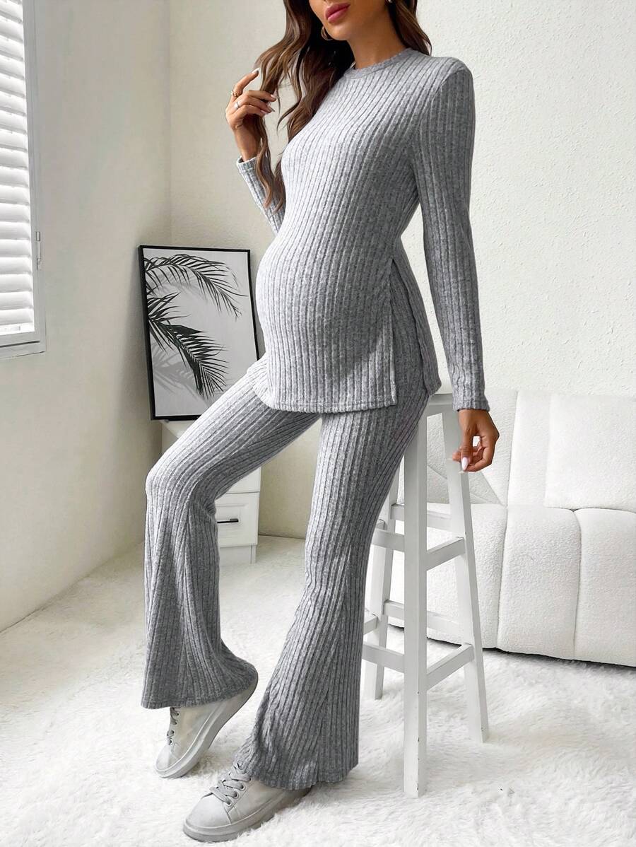 SHEIN Maternity Ribbed Knit Split Hem Tee & Adjustable Waist Flare Leg Pants - Grey - View 1