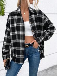 SHEIN Essnce 格子印花落肩襯衫 - 黑與白 - 查看 1