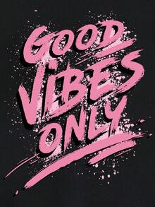 SHEIN EZwear Slogan Graphic Kangaroo Pocket Drawstring Thermal Hoodie - Black - View 4