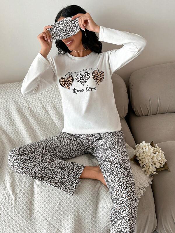 EURMUSE Leopard & Letter Graphic White Top & Pants PJ Set