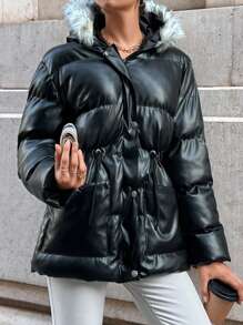 EURMUSE Drawstring Waist Fuzzy Trim Hooded Puffer Coat - Black - View 3