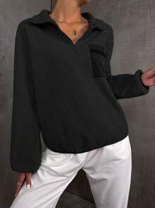 SHEIN Unity Women's Casual Everyday Commute Simple Solid Color Dropped Shoulder Loose Half-Zip Front Hoodie - Black - View 1