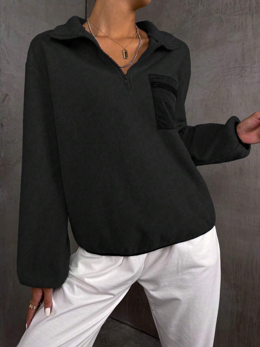 SHEIN Unity Women's Casual Everyday Commute Simple Solid Color Dropped Shoulder Loose Half-Zip Front Hoodie - Black - View 1