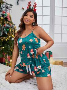 Plus Size Christmas Print Cami Top & Shorts PJ Set Gingerbread Pajamas - Green - View 5
