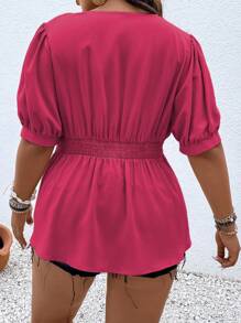 SHEIN LUNE Áo Peplum xếp ly tay bồng Plus - Màu Hồng Tươi - Xem 2