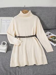 SHEIN Teen Girl Funnel Neck Drop Shoulder Sweater Dress Without Belt - Apricot - View 1