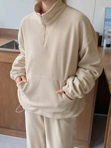 DAZY Half Zip Kangaroo Pocket Drop Shoulder Sweatshirt Without Tee - Apricot - View 5