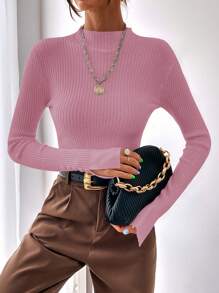 BizChic Mock Neck Split Cuff Ribbed Knit Sweater - Pink - View 4