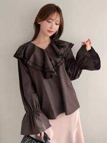 FRIFUL Ruffle Trim Flare Sleeve Blouse - Coffee Brown - View 8