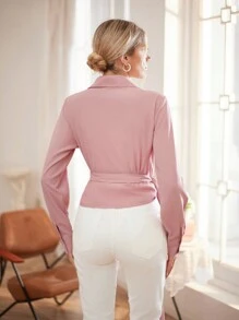 Aveloria Solid Wrap Knot Side Crop Shirt - Pink - View 2