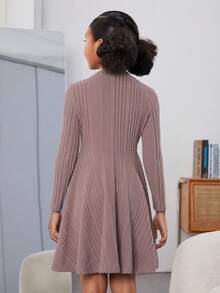 Tween Girl Slogan Graphic Ribbed Knit Flare Hem Dress - Dusty Pink - View 2